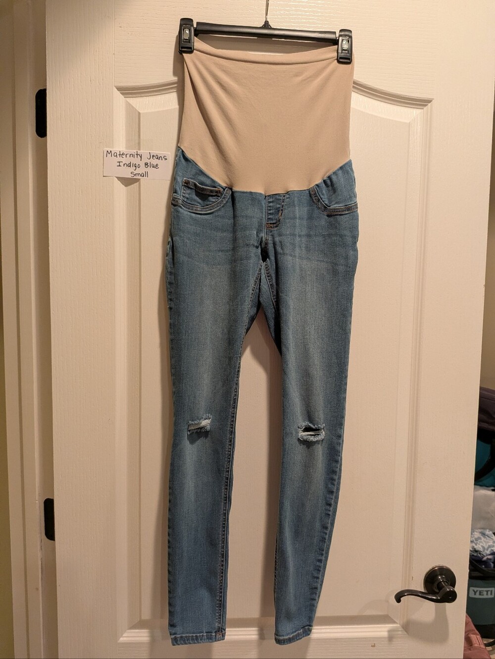 Indigo Blue Skinny Maternity Jeans with Beige Waist Panel